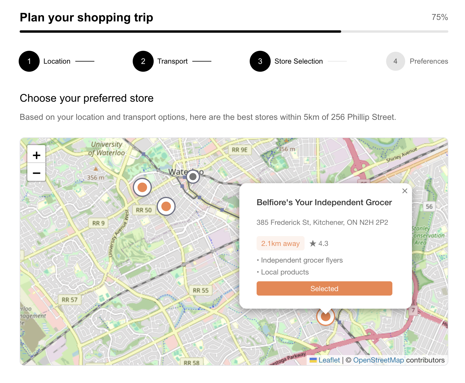 Store selection map interface